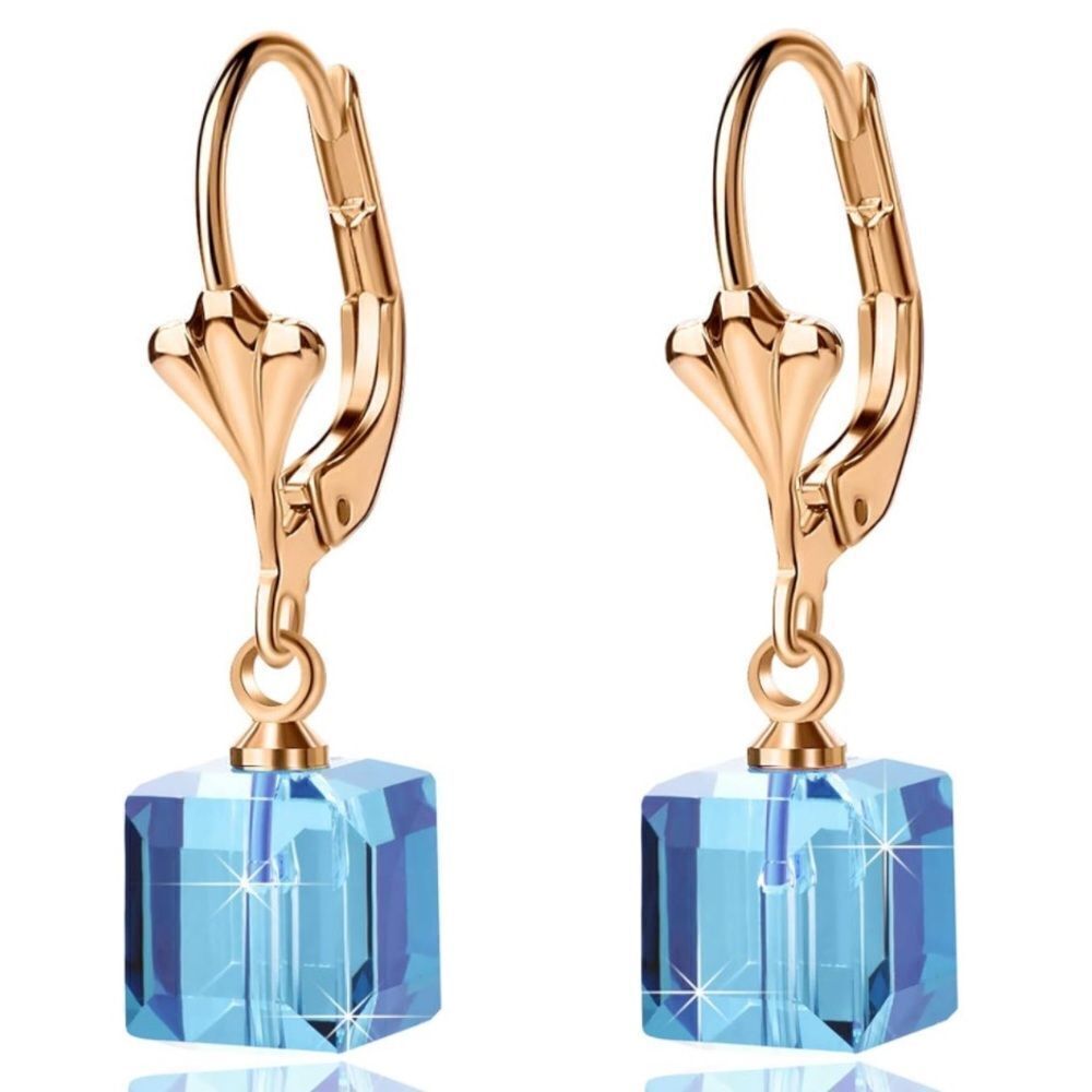14K Yellow Gold with Aquamarine Blue Austrian Crystal Cube Leverback Earrings